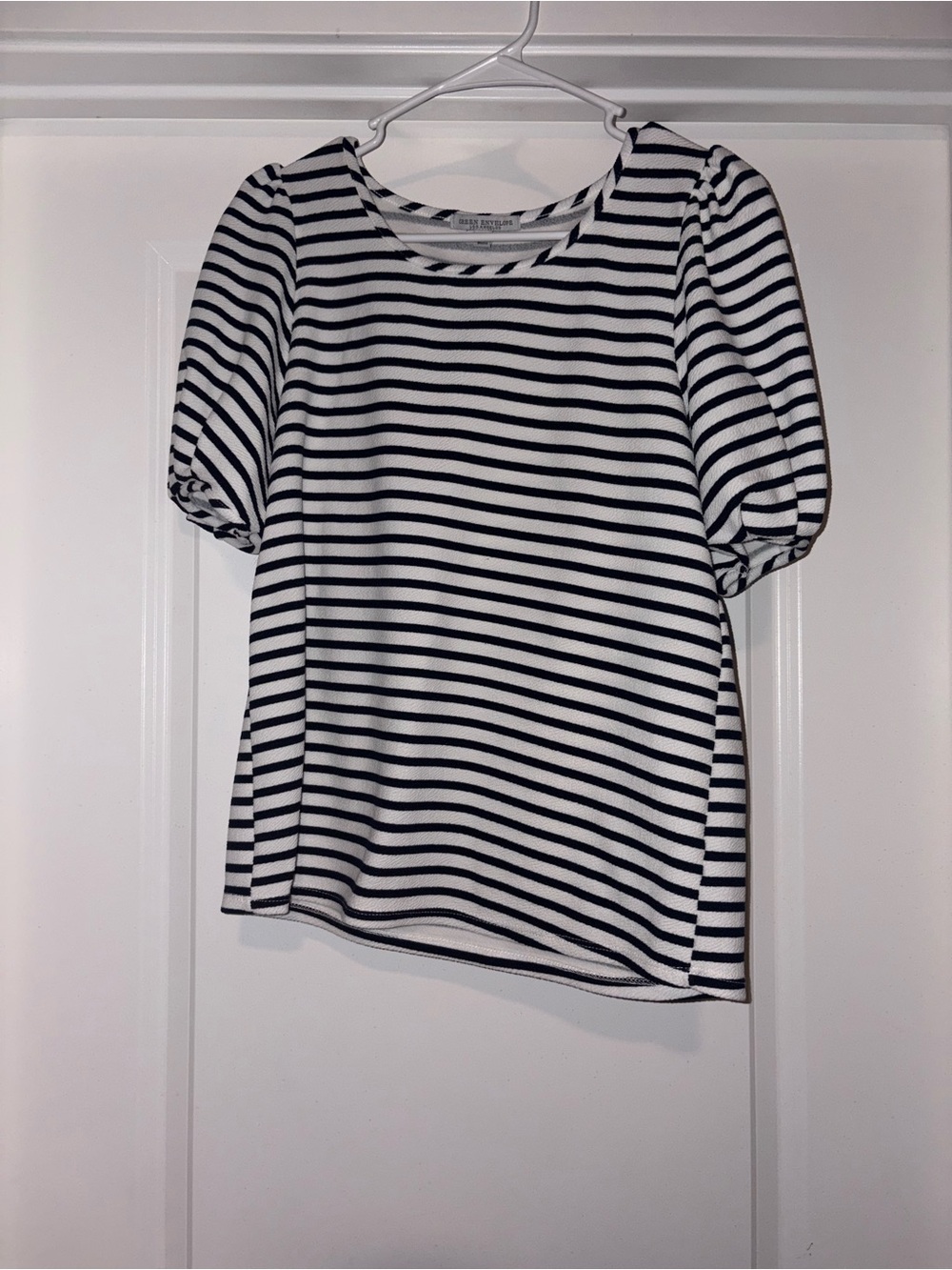 Green Envelope Black & White Striped Puff Sleeve Tee